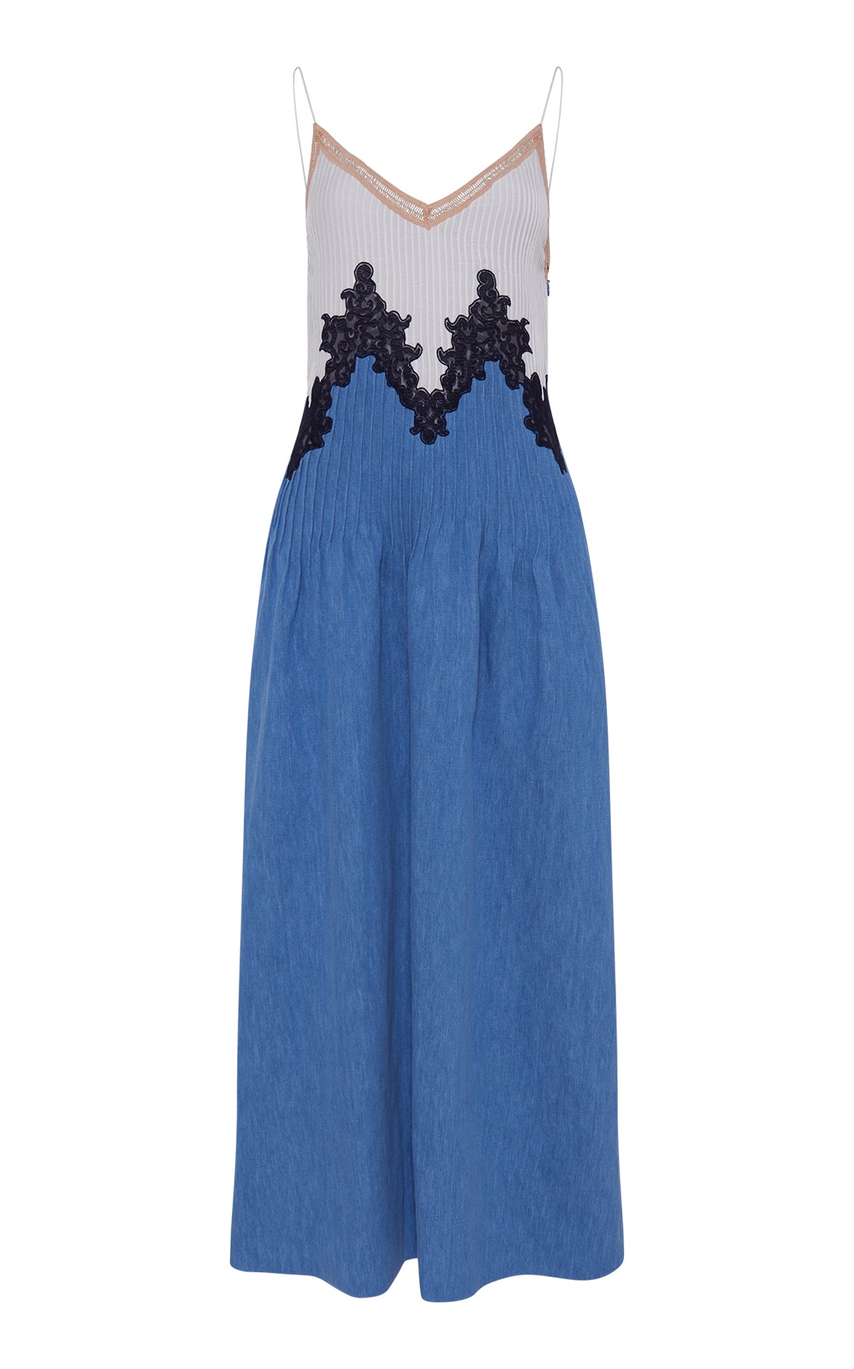 Lace Slip Maxi Dress in Light Blue Recycled Cotton Linen Denim