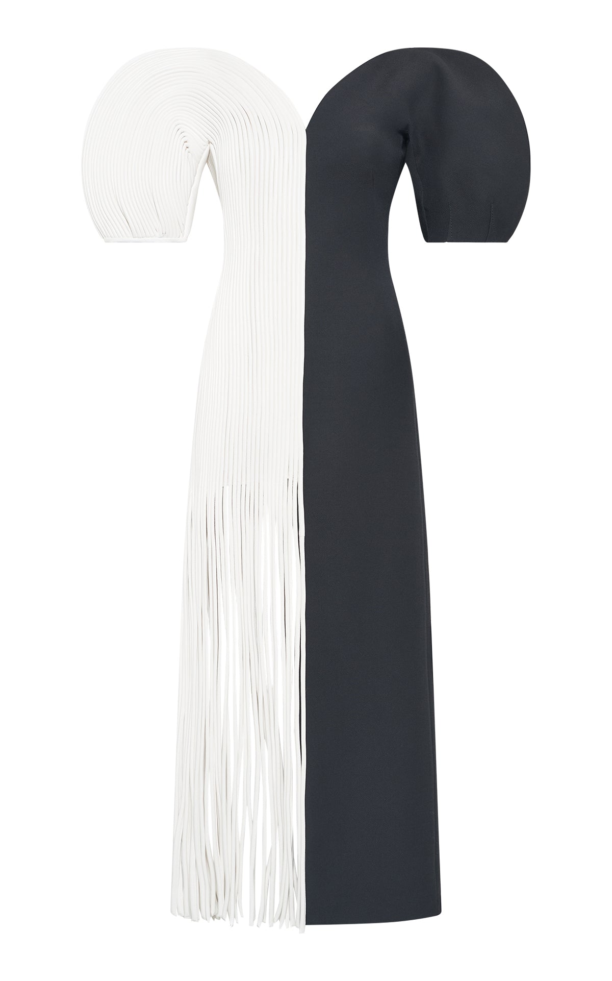 Fringe Midi Dress in Ivory Nappa Leather & Black Wool Silk Cady