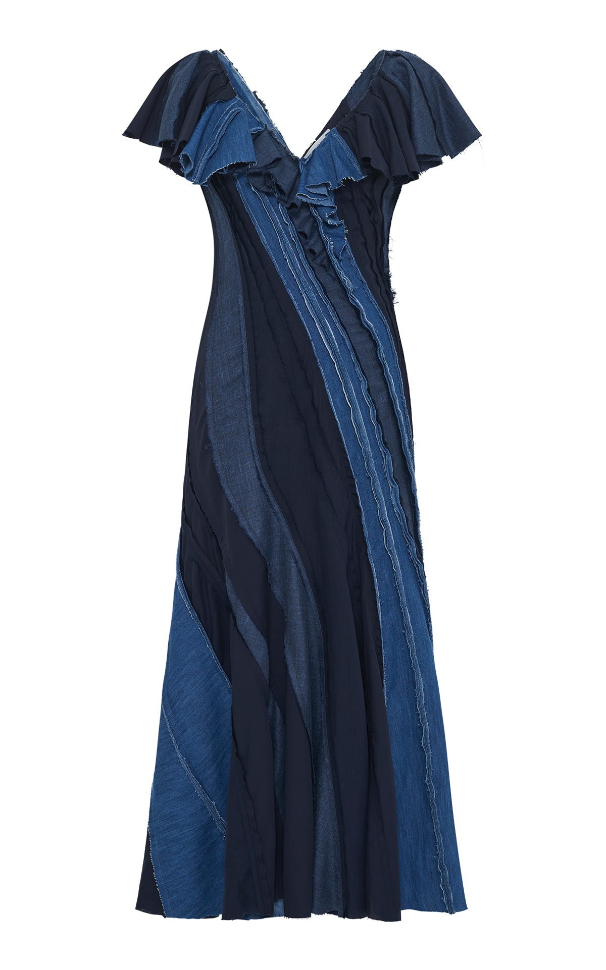 Patchwork Midi Dress in Medium Blue Recycled Cotton Linen Denim