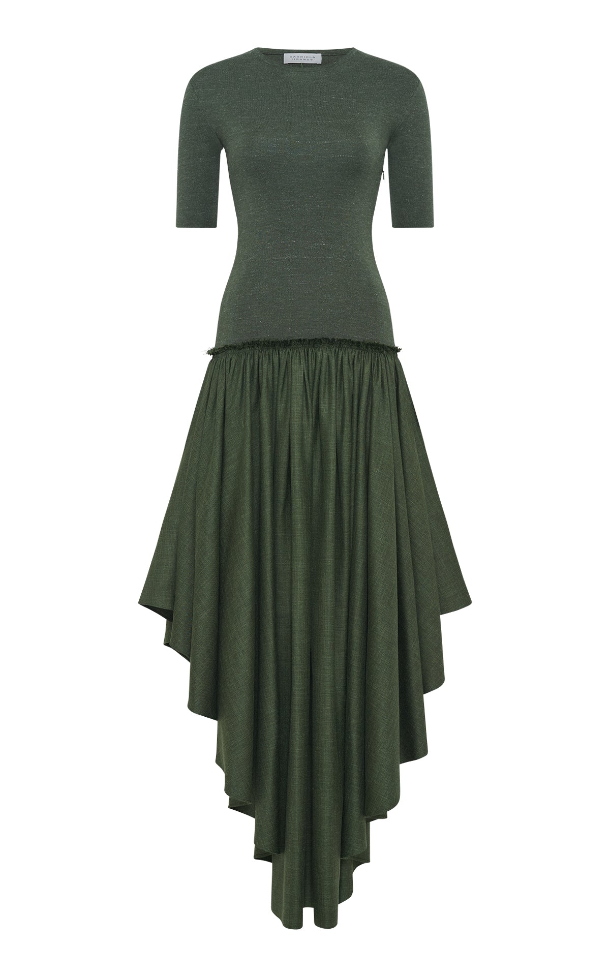 Pleated Maxi Dress in Olive Virgin Wool Silk with Linen